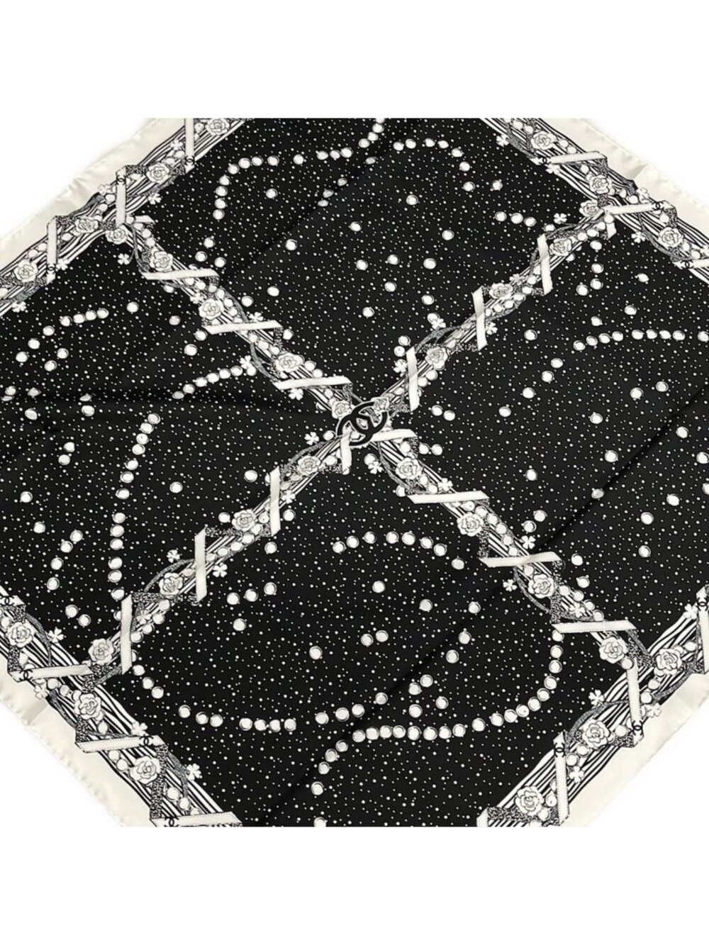 Chanel Scarf Black White Camellia Pearl